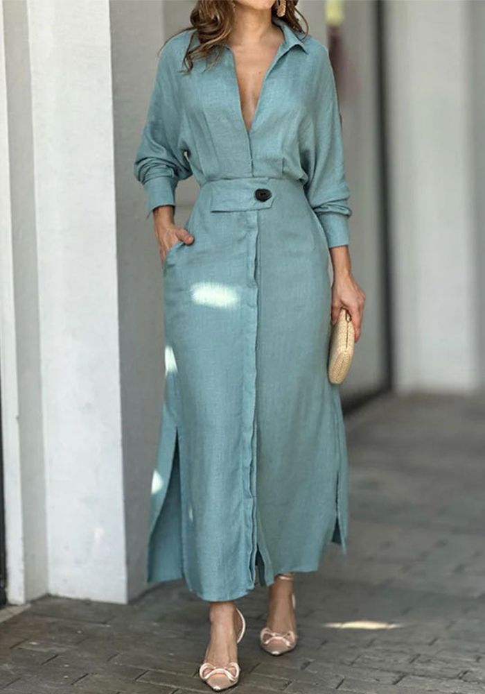 Robe Chemise Longue à Manches Irregulières Slim Taille Sangle Chic Automne