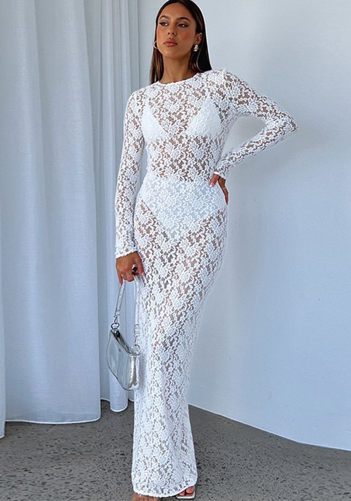Robe longue slim en dentelle ajourée transparente pour femmes d'automne