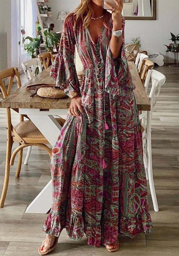 Robe Maxi à Imprimé V Col en V à Manches Évasées Boho pour Femmes