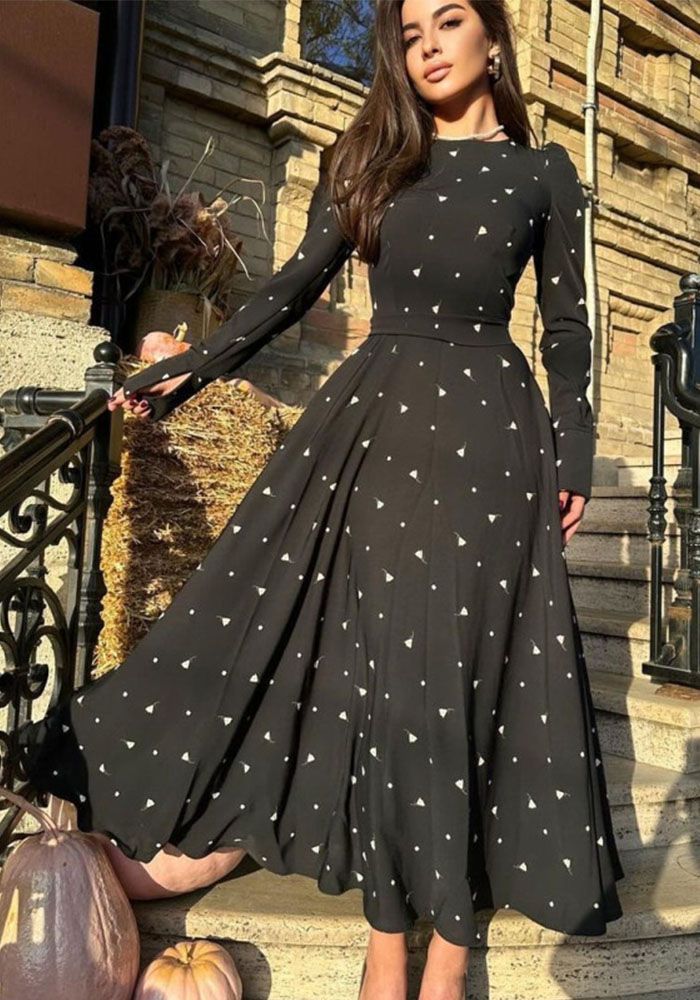 Robe Longue Femme Chic Imprimée à Manches Longues Taille Haute avec Ceinture Mode Automne