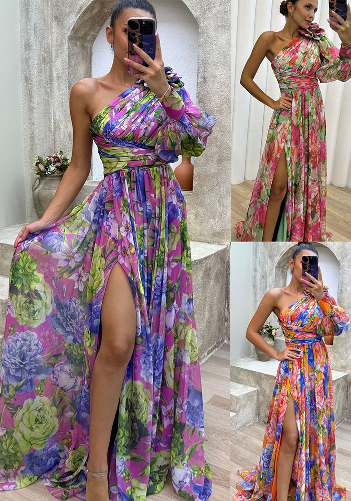 Robe de fête ample multicolore à épaule dénudée et fente pour l'automne et l'hiver