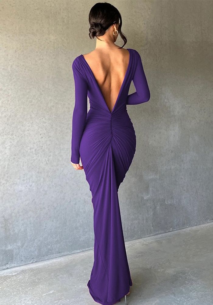 Robe de soirée maxi dos nu à manches longues plissées pour femmes
