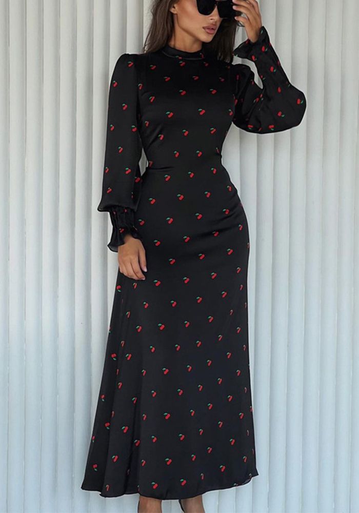 Robe Maxi Satin à Manches Longues et Col Rond Imprimée pour Femme - Mode Automne Taille Slim