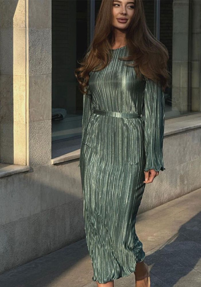 Robe Longue Plissée à Manches Longues avec Ceinture et Jambes Évasées pour Femmes en Automne