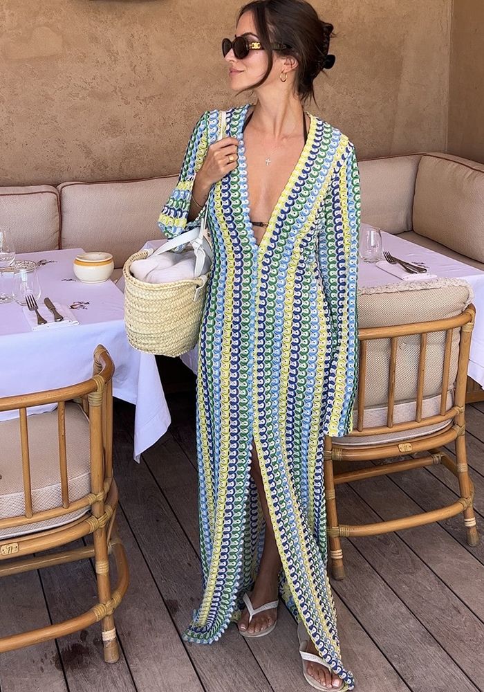 Robe Maxi Femme en Dentelle à Coloris Contrasté avec Fente Creuse