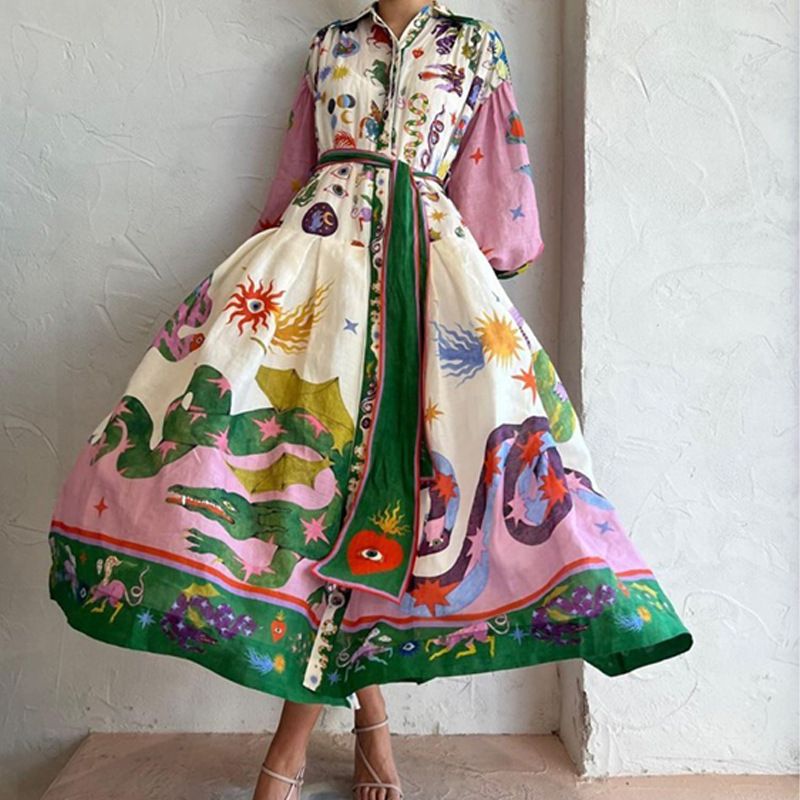 Robe Longue à Manches Ballon Chic pour Femmes avec Col Rabattu