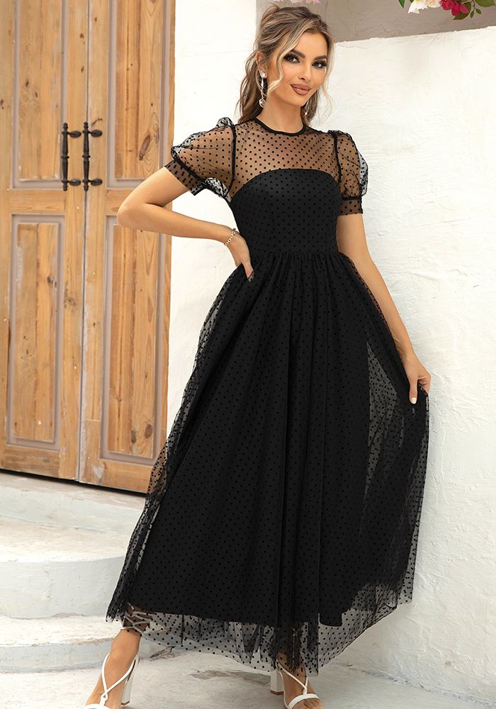Robe en Maille à Manches Courtes Bouffantes pour Femmes