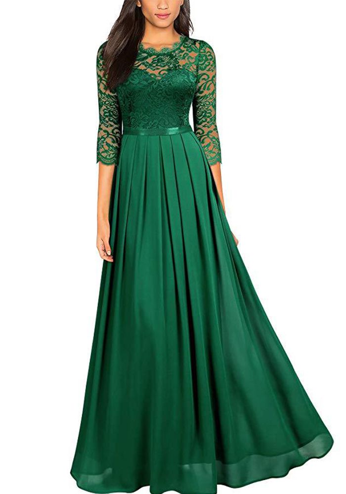 Robe de Soirée en Dentelle Chiffon à Col Rond pour Femmes en Patchwork