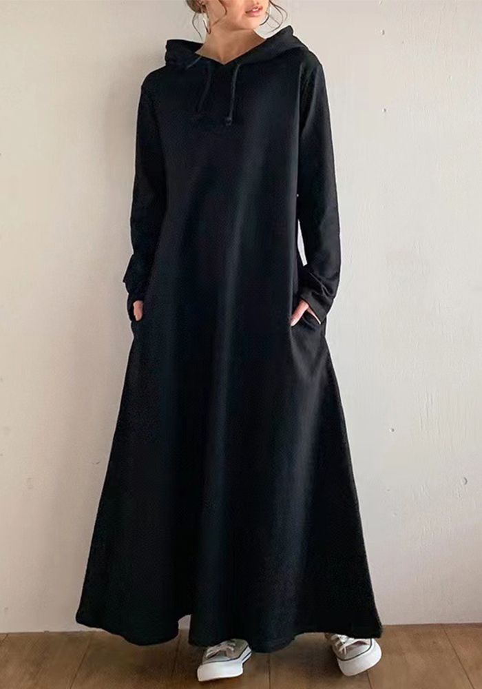 Robe longue décontractée à capuche pour femmes, coupe slim et ample, avec poches, automne et hiver