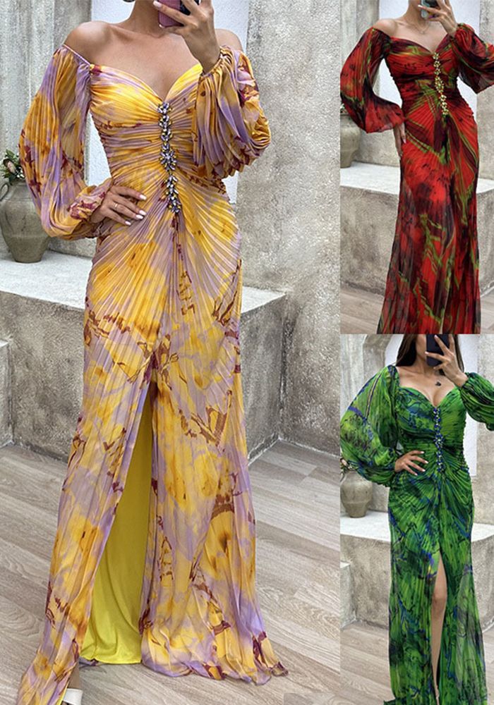 Robe longue à manches longues plissée pour femmes