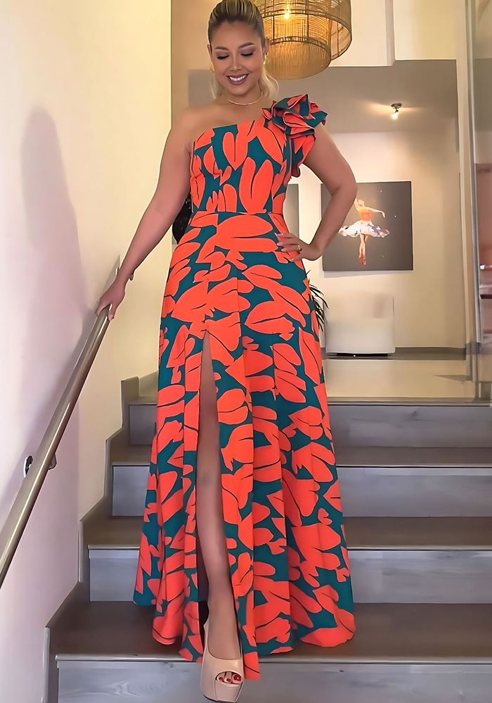 Robe Longue Chic Imprimée Taille Haute À Une Épaule Et Dos Nu Printemps Été