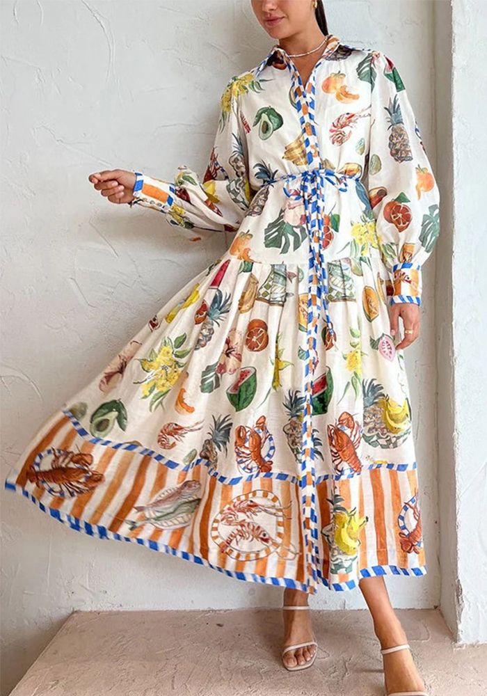Robe Chemise Décontractée Longue À Manches Avec Ceinture Imprimé Graffiti À Boutonnage Simple Automne