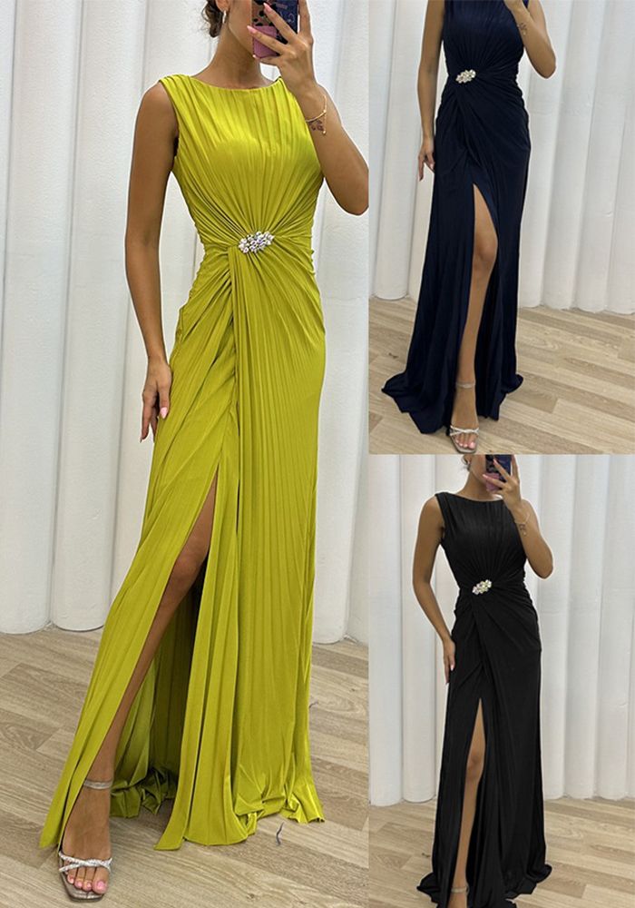 Robe de Soirée Sans Manches Plissée avec Fente pour Femmes