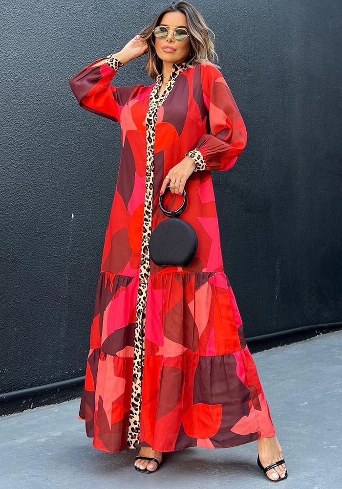 Robe Décontractée à Boutons en Patchwork Imprimé Automne Femme