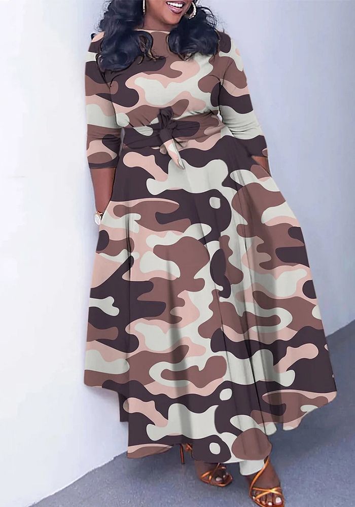 Robe Maxi Imprimée Chic à Lacets pour Femmes Grande Taille Automne et Hiver