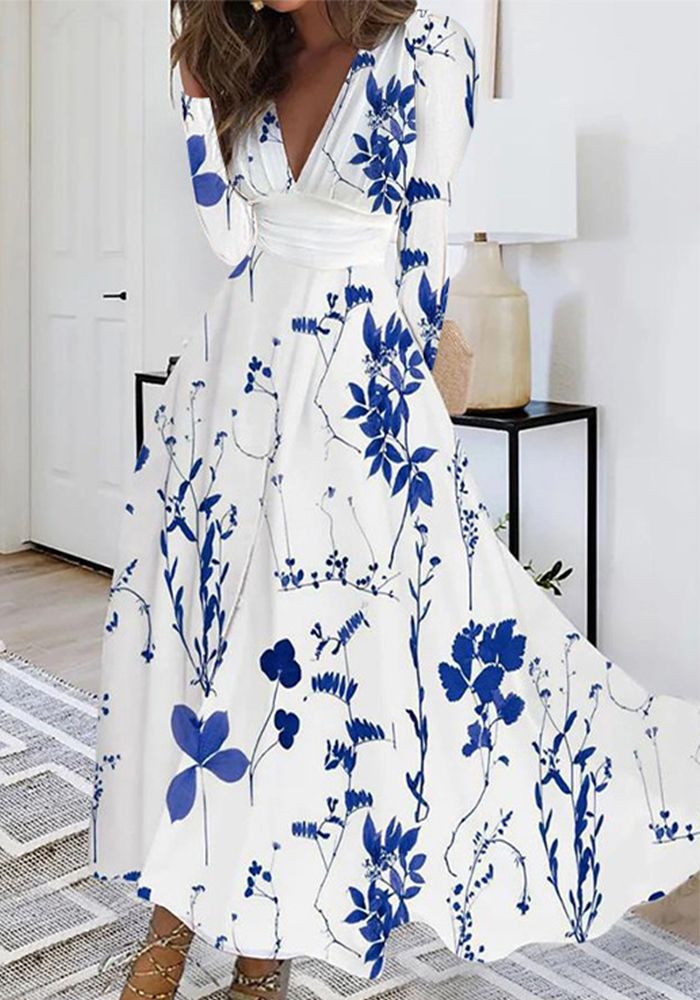 Robe Imprimée à Manches Longues en V pour Femmes Automne