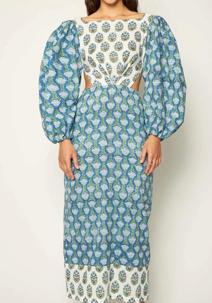 Robe Femme Dos Nu à Manches Bouffantes à Fleurs Contrastées