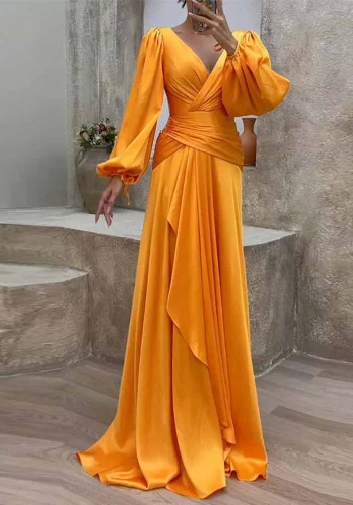 Robe Longue à Manches Longues Plissée Croisée pour Femmes en Été