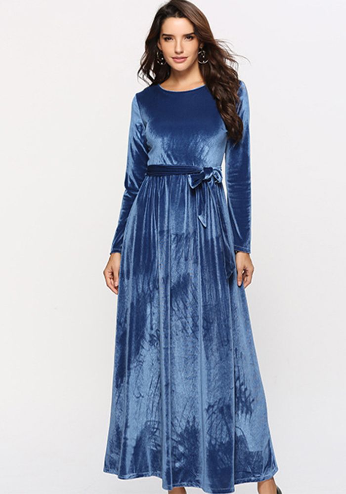 Robe Femme Couleur Unie Col Rond Taille Haute Avec Bretelles Velours Longue