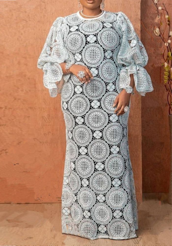 Robe Maxi à Manches en Dentelle pour Femmes Grande Taille