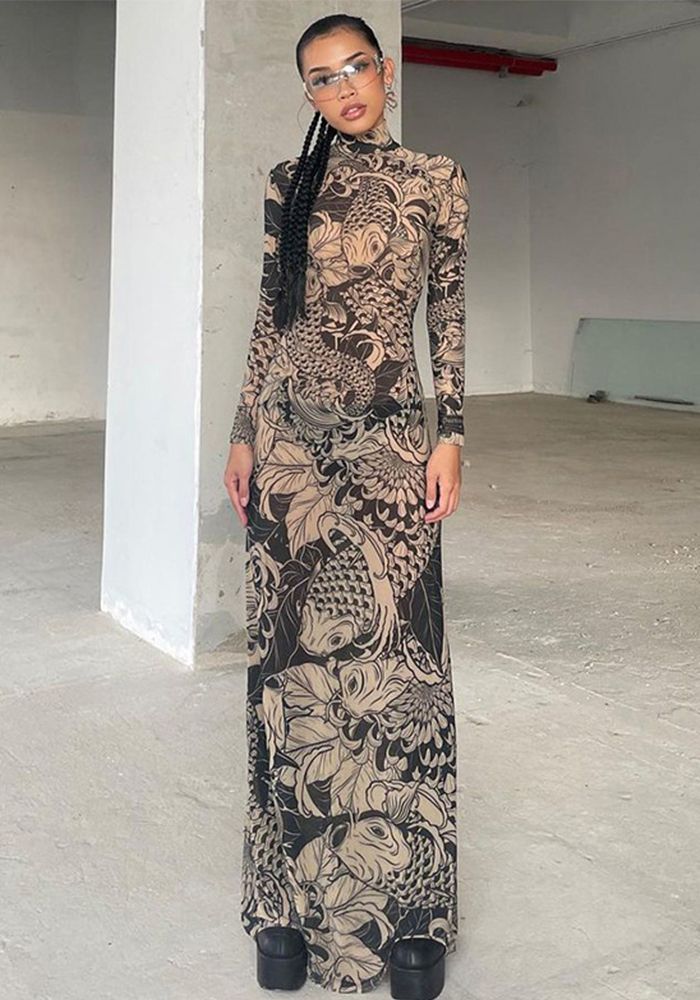 Robe Slim Fit à Col Montant en Maille Imprimée Transparente pour Femmes - Mode Automne