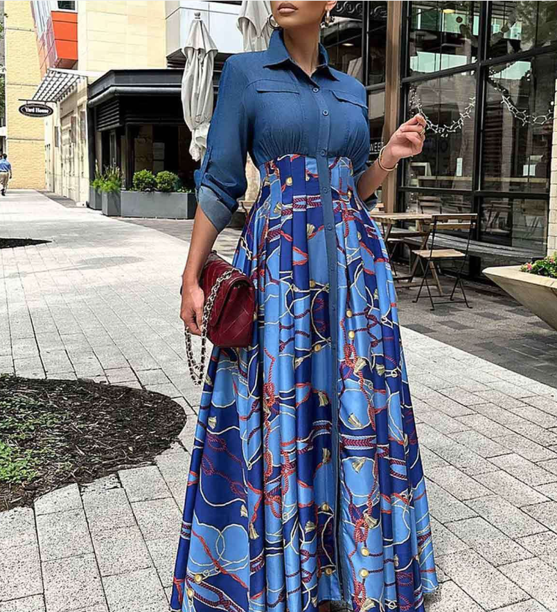 Robe Chemise en Jean à Imprimé Patchwork pour Femmes Grandes Tailles