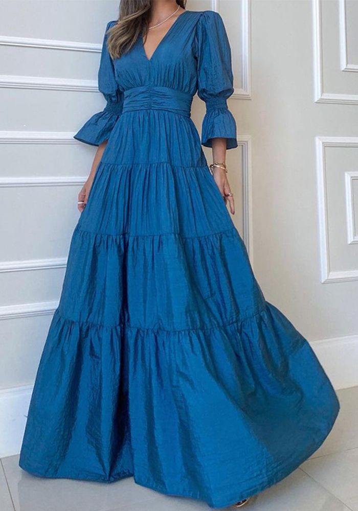 Robe Maxi à Manches Longues et Col V pour Femmes