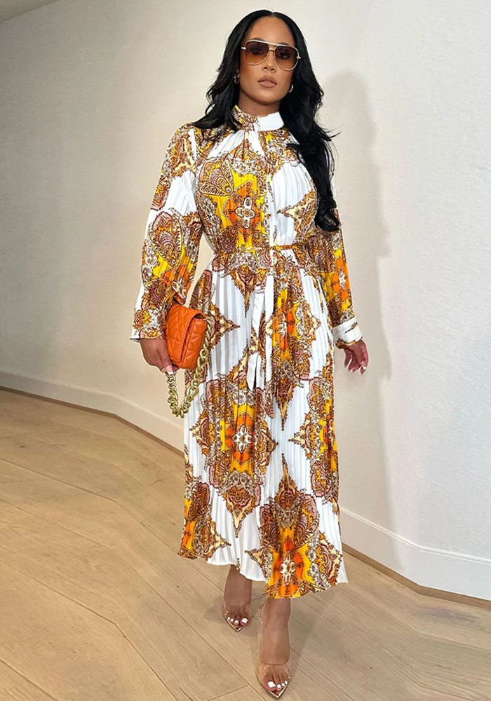Robe plissée à manches longues imprimée pour femmes automne