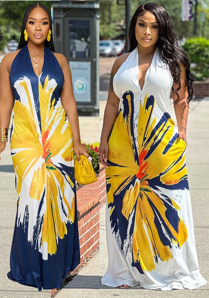 Robe Maxi Imprimée à Dos Nu et Col Halter pour Femme