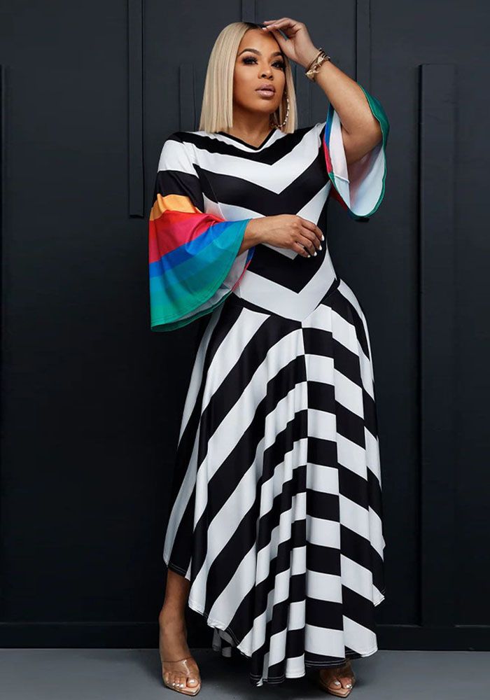 Robe Maxi à Manches Évasées et Col V pour Femmes en Couleurs Contrastées avec Taille Fine
