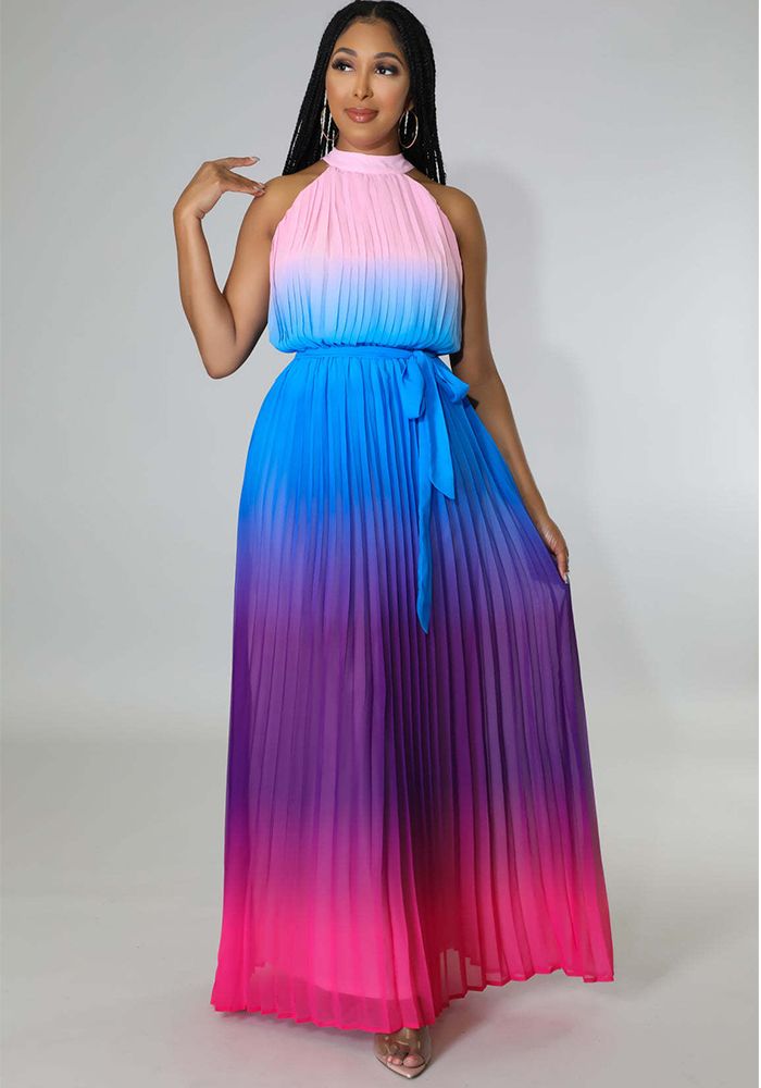 Robe Maxi Arc-en-Ciel Sans Manches à Col Rond Plissée pour Femme