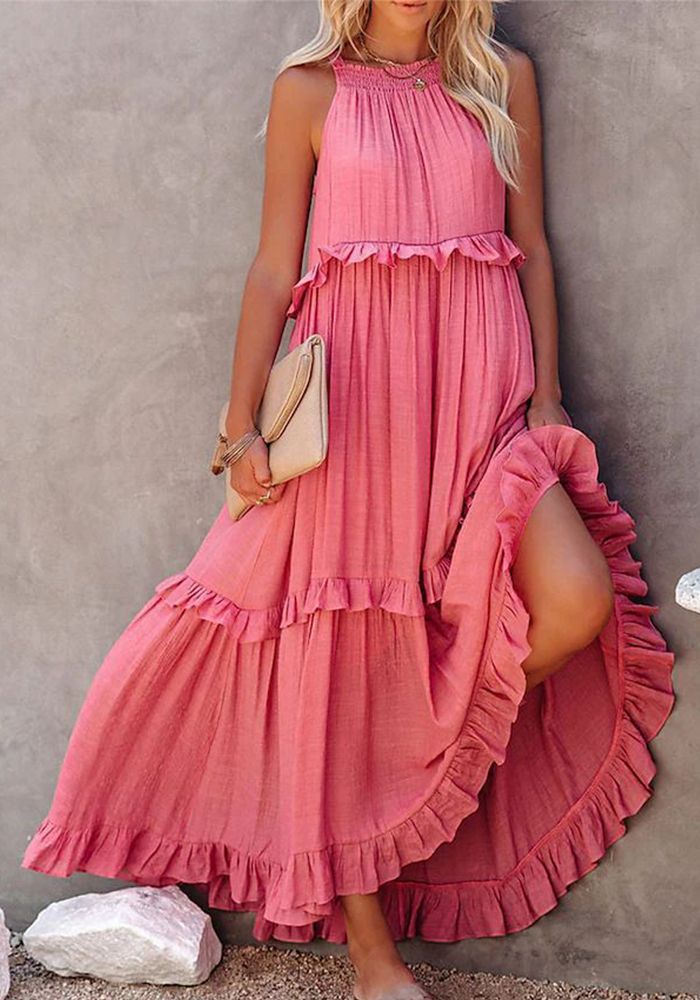 Robe Longue Évasée à Volants Élégante pour Femmes - Vacances d'Été