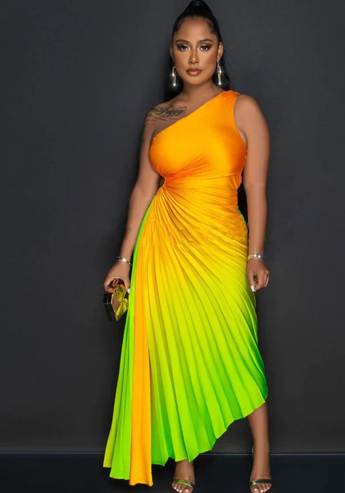 Robe Maxi Plissée Imprimée Dégradé à Épaule D'un Côté pour Femme