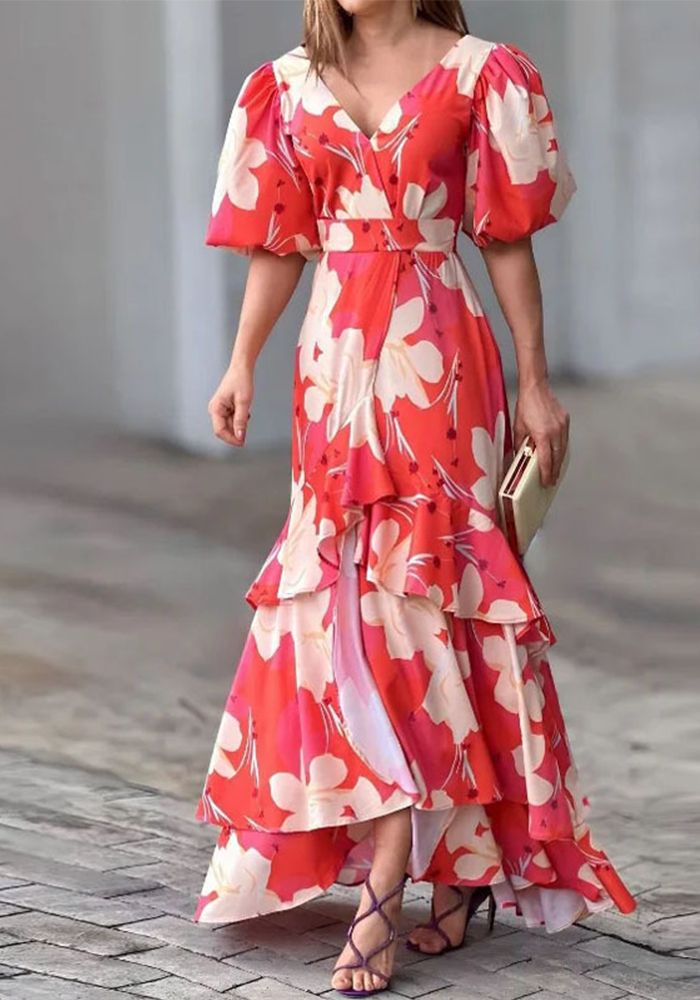 Robe Élegante Imprimée à Col V Multicolore d'Été