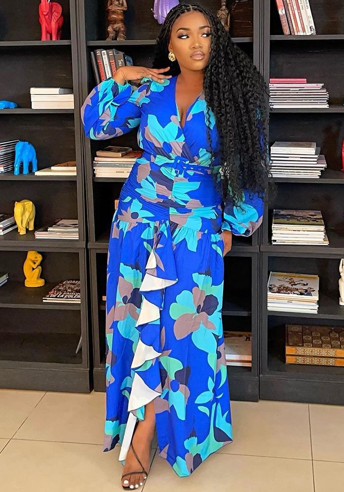 Robe longue slim-fit à imprimé rétro pour femmes au printemps avec décolleté en V profond