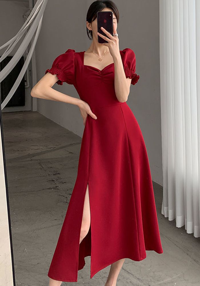 Robe Longue à Encolure Carrée à Manches Bouffantes Style Français d'Été pour Femmes