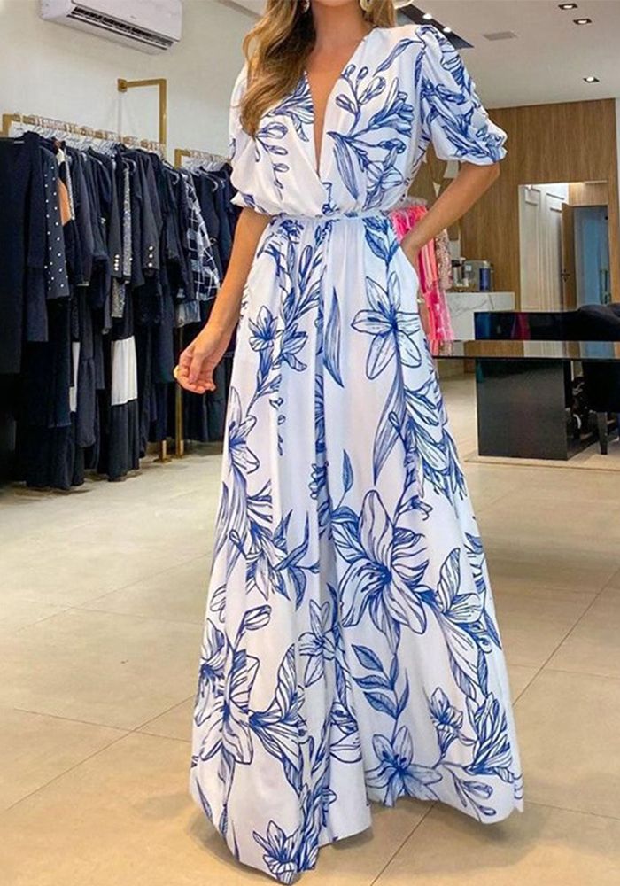 Robe Maxi Imprimée Décontractée à Col V pour Femmes d'Été