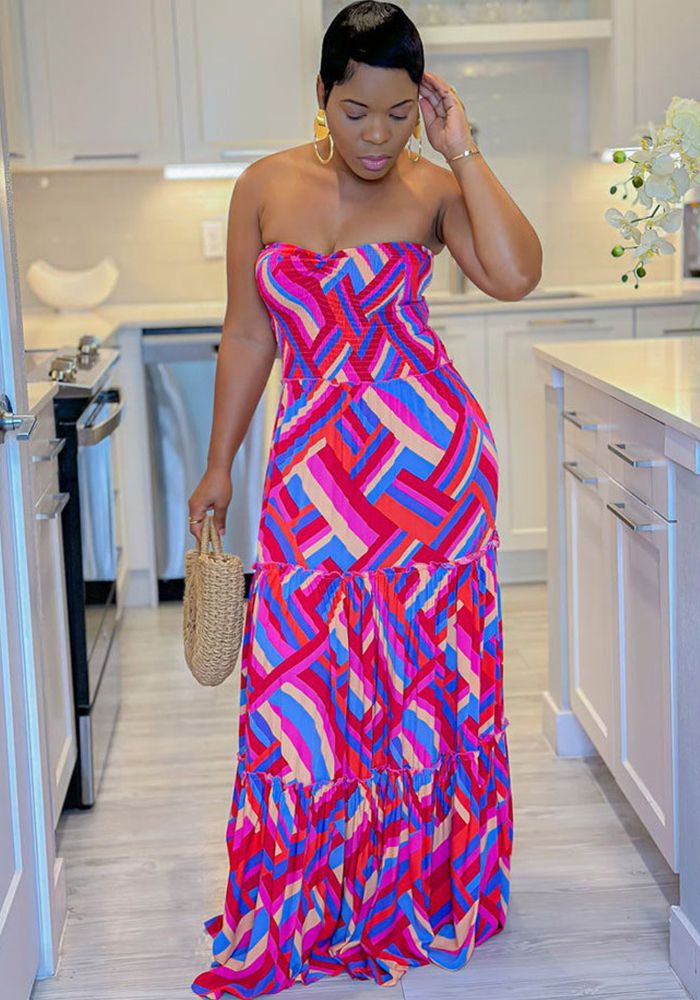 Robe Maxi Évasée Imprimée Sans Manches d'Été