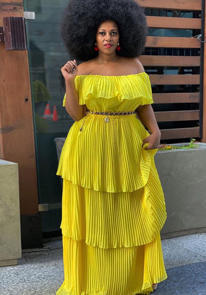 Robe Jaune Chiffon Sans Épaules Dos Nu Slim Plage Vacances Plissée Maxi Robe