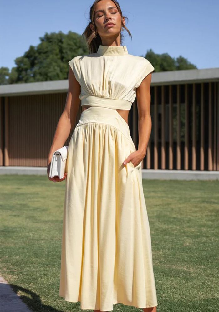 Robe Maxi Découpée Macaron à Col Montant pour Femmes en Été