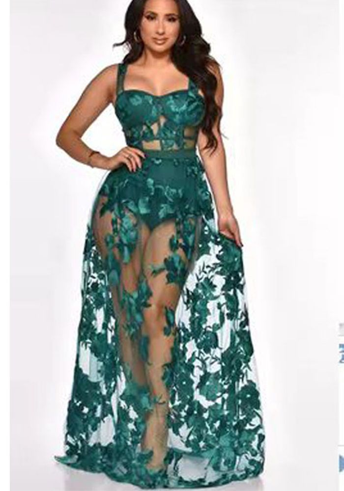 Robe à bretelles non extensible transparente brodée pour femmes