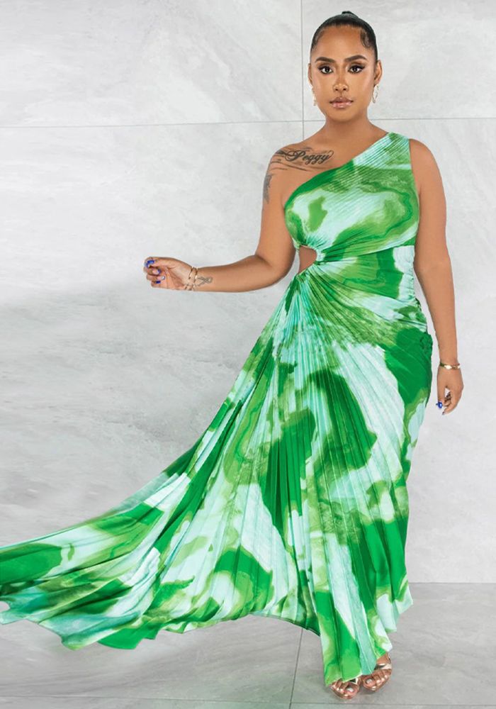 Robe Maxi Plissée Sans Manches à Épaule Dégagée pour Femmes
