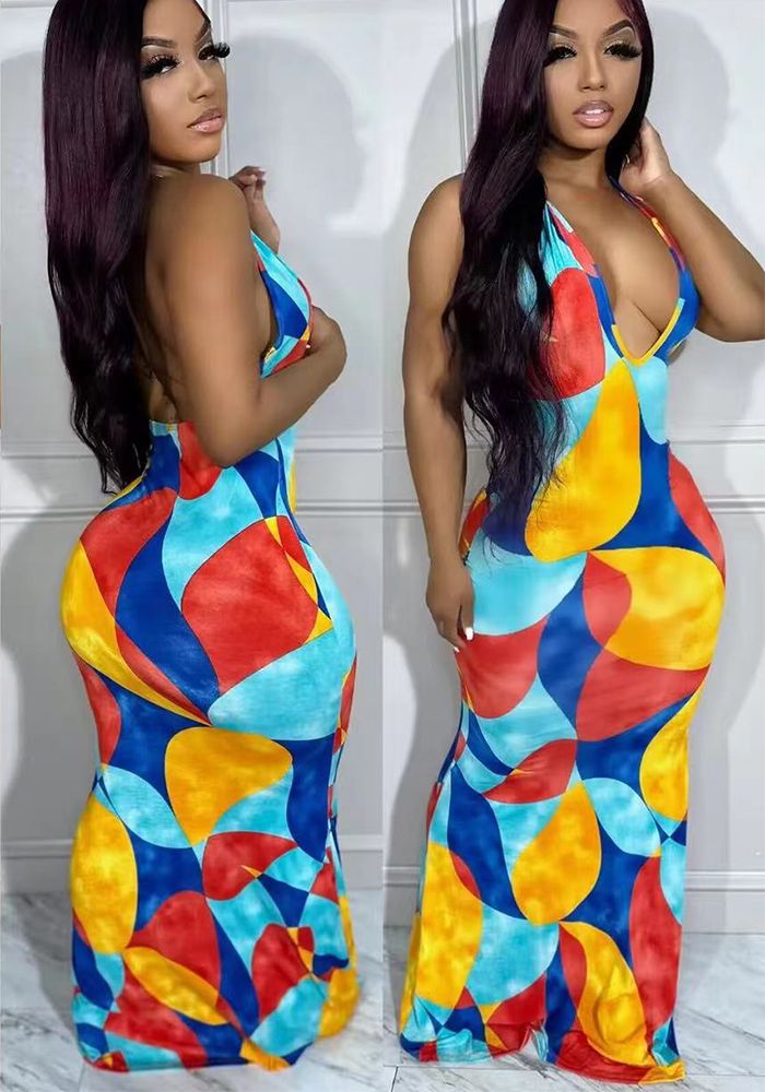 Robe Maxi à Imprimé Numérique Halter pour Femmes