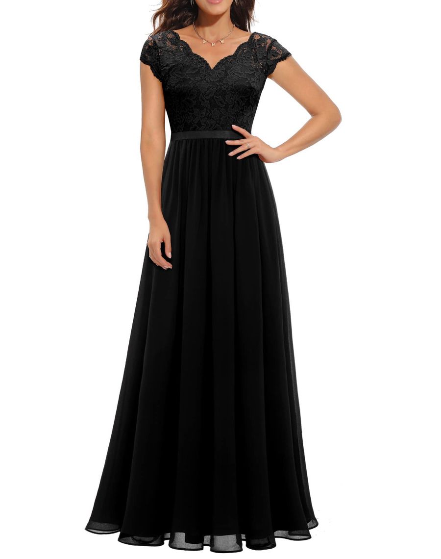 Robe Maxi Slim Taille en Chiffon avec Détails en Dentelle