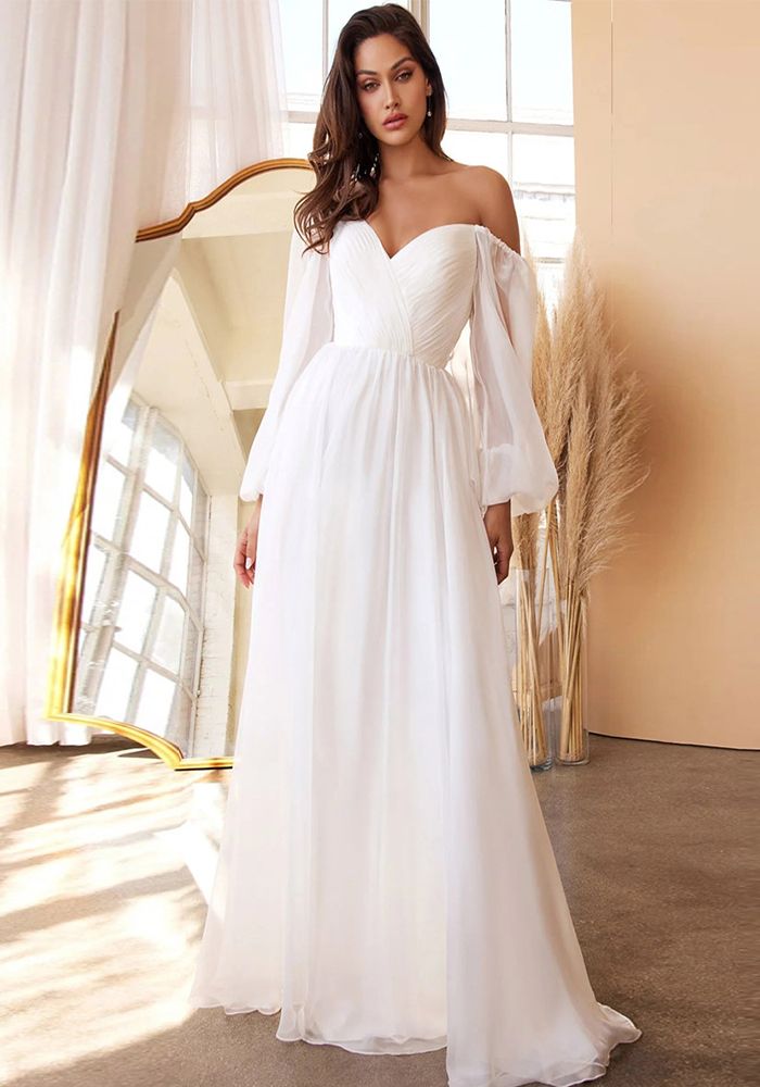 Robe Swing à Manches Longues en Chiffon pour Femmes, Plissée, Ajustée, Off-Shoulder, Robe de Soirée Formelle