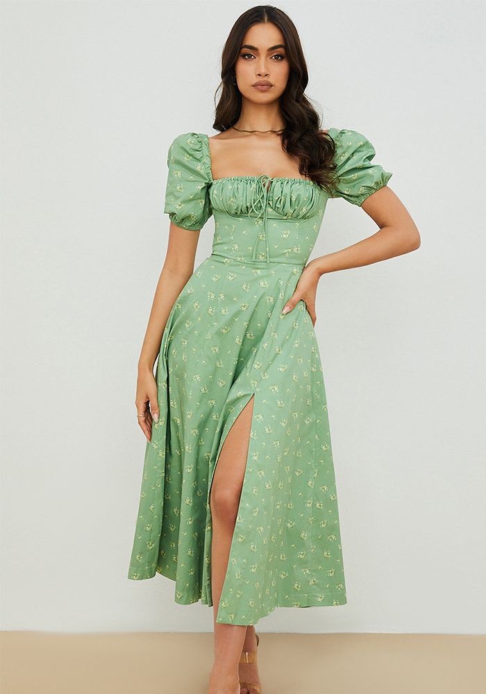 Robe d'été longue à manches bouffantes florales à fente haute pour femmes