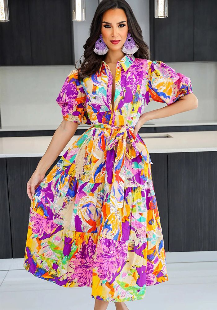 Robe A-Line à Manches Lanternes et Col Rabattu Imprimée Chic pour Femmes