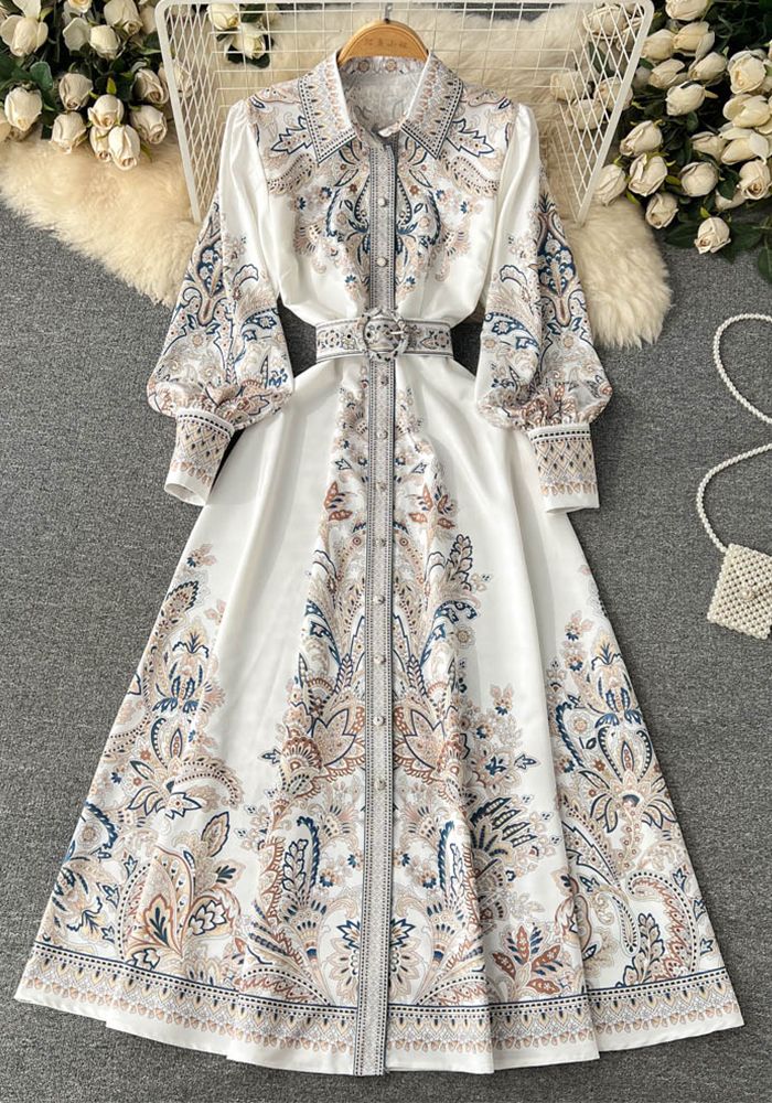 Robe Longue Imprimée à Manches Lanternes et Col Rabattu pour Femmes, Taille Fine, Boutonnée