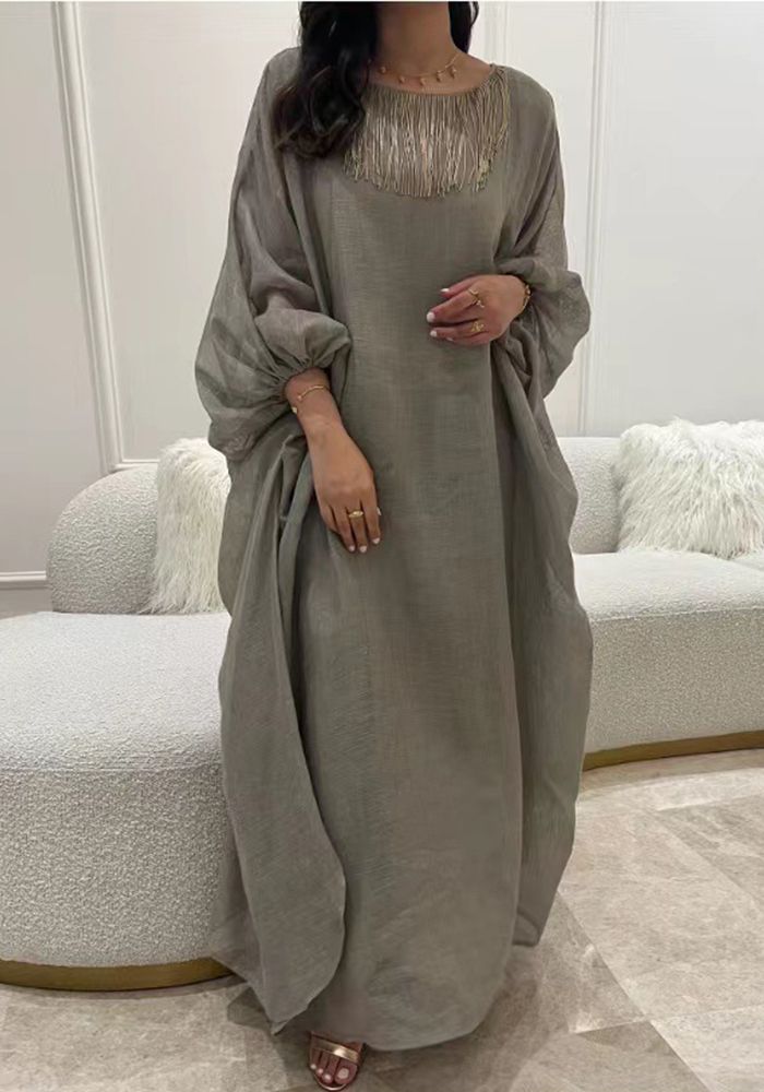 robe en lin à manches lanternes à franges