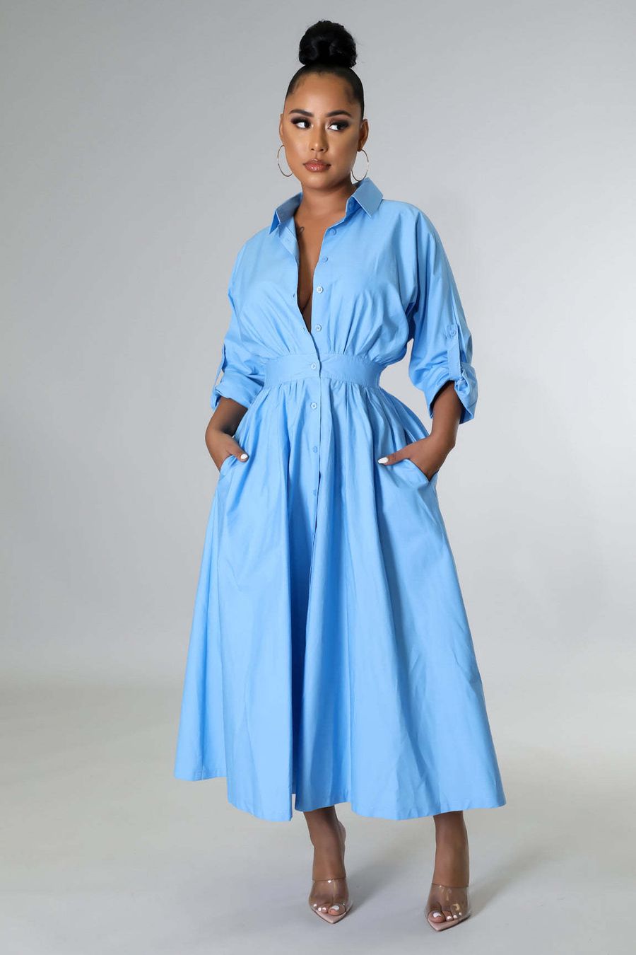 Robe Chemise Femme Mode Robe Tunique Loose Manches Longues Robe Longue